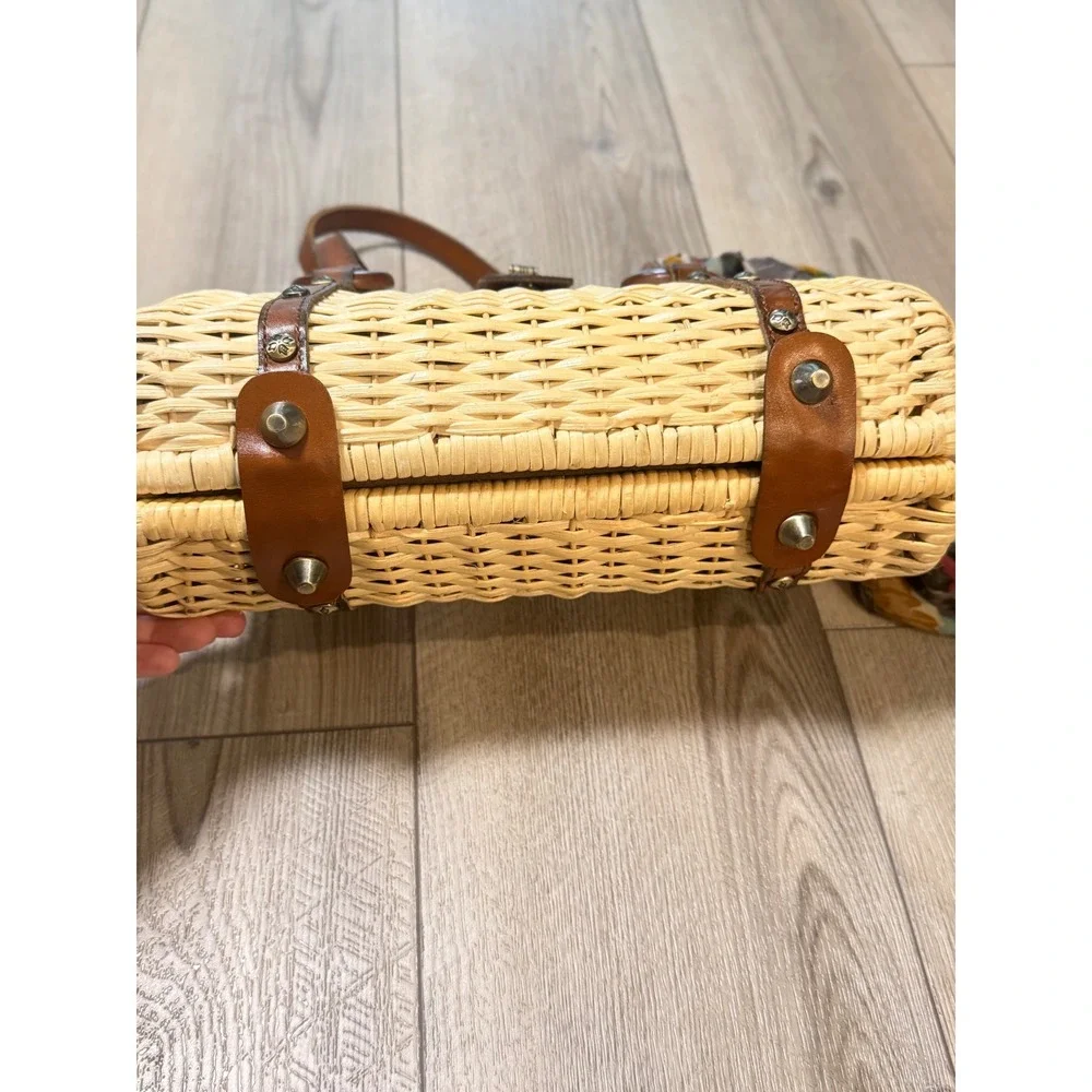 Patricia Nash Wicker Satchel Leather Trim Straw Handbag Brown Tan with Scarf